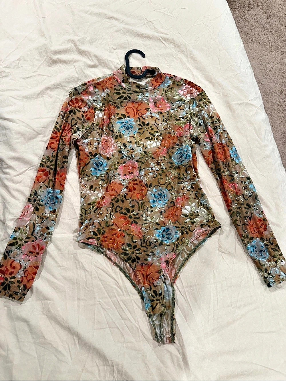 Charlotte Russe Floral Sequin Bodysuit in Brown & Pink Size Small Like New